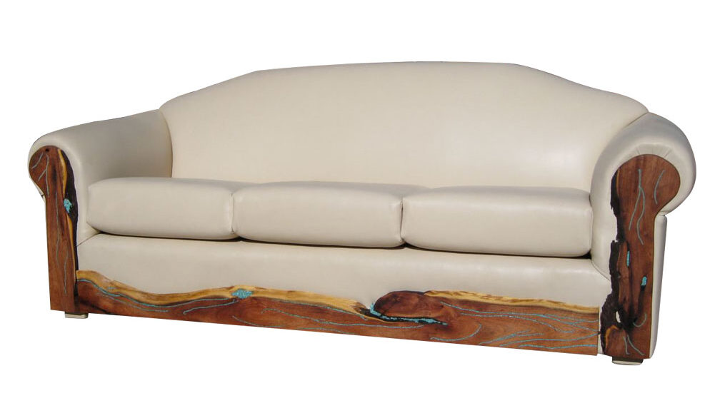 white leather sofa with turquoise inlaid mesquite