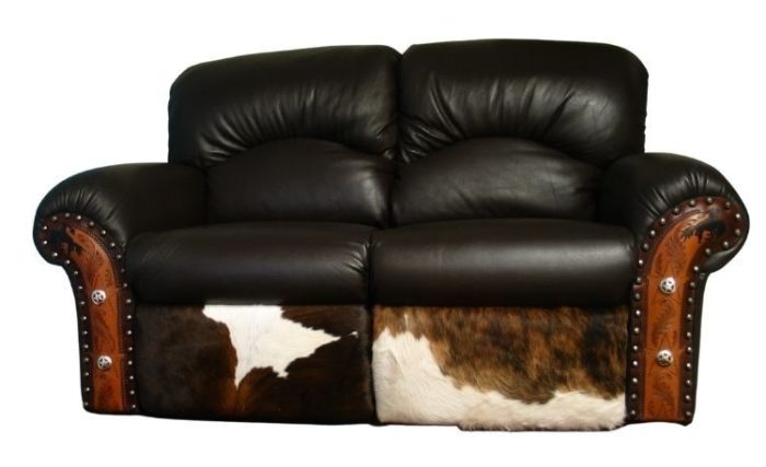 Love seat recliner leather cowhide and tooling