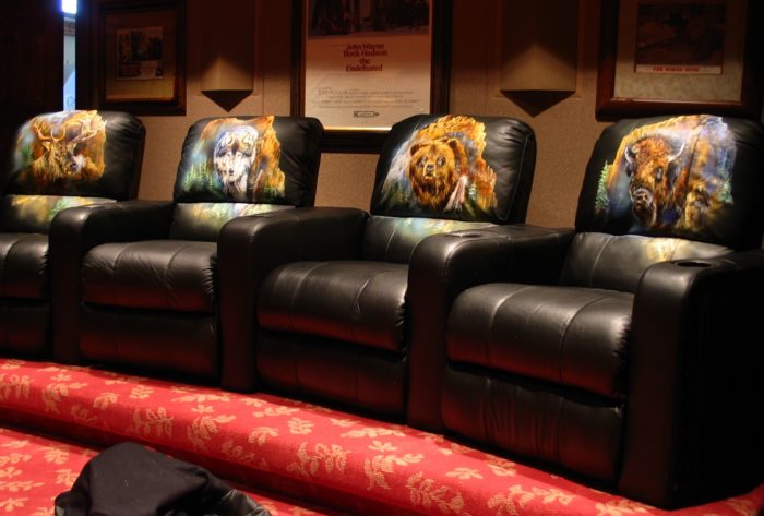 Media room recliners with hand painted backs