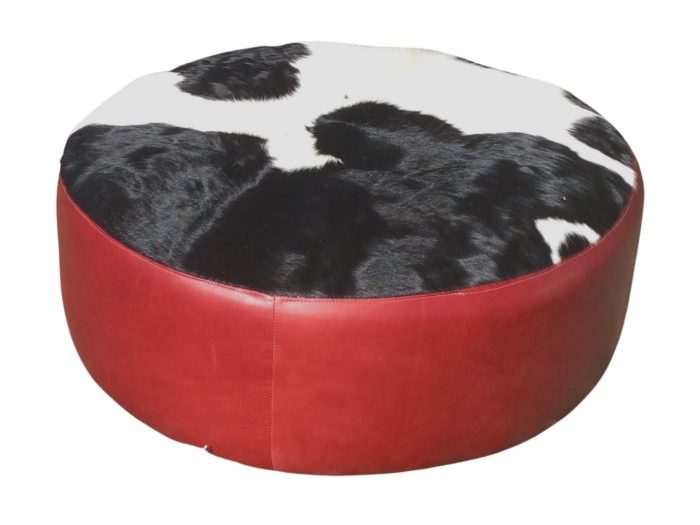 Red leather ottoman with B:W cowhide top