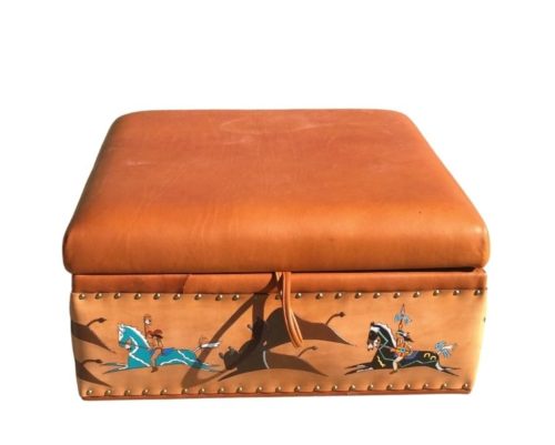 Storage ottoman with pull up top and tooled native American ledger art