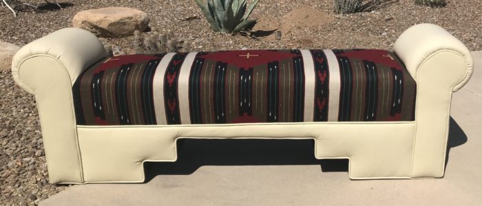 Vintage Navajo weaving brown black red on cream step bottom bench