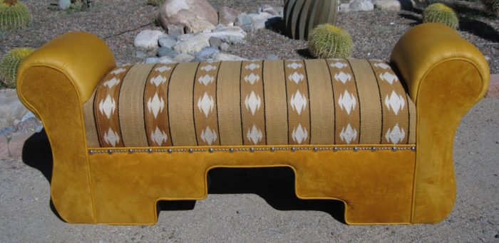 Vintage Navajo weaving on gold bench
