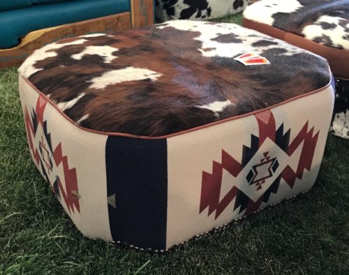 square cowhide and pendleton ottoman with angled corners
