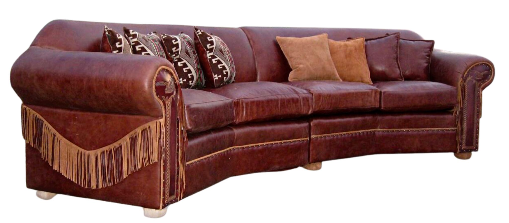 4 seat leather sofa with tooled arms and fringe