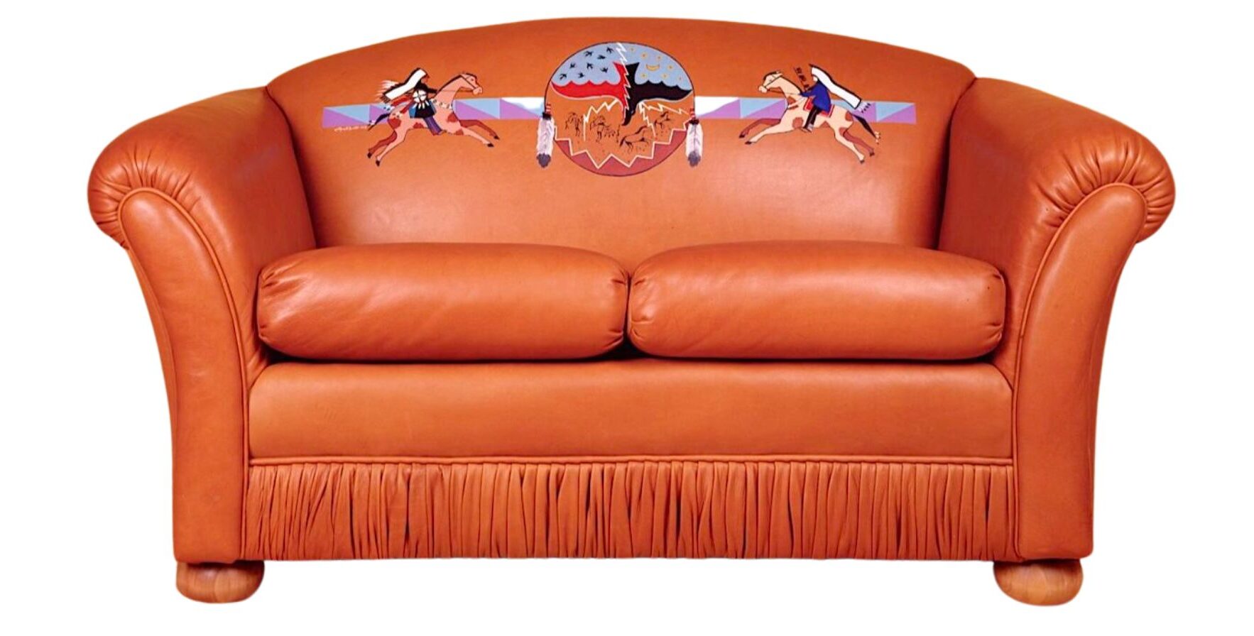 Leather love seat with gathered kick plate and painted Native American art on seat back