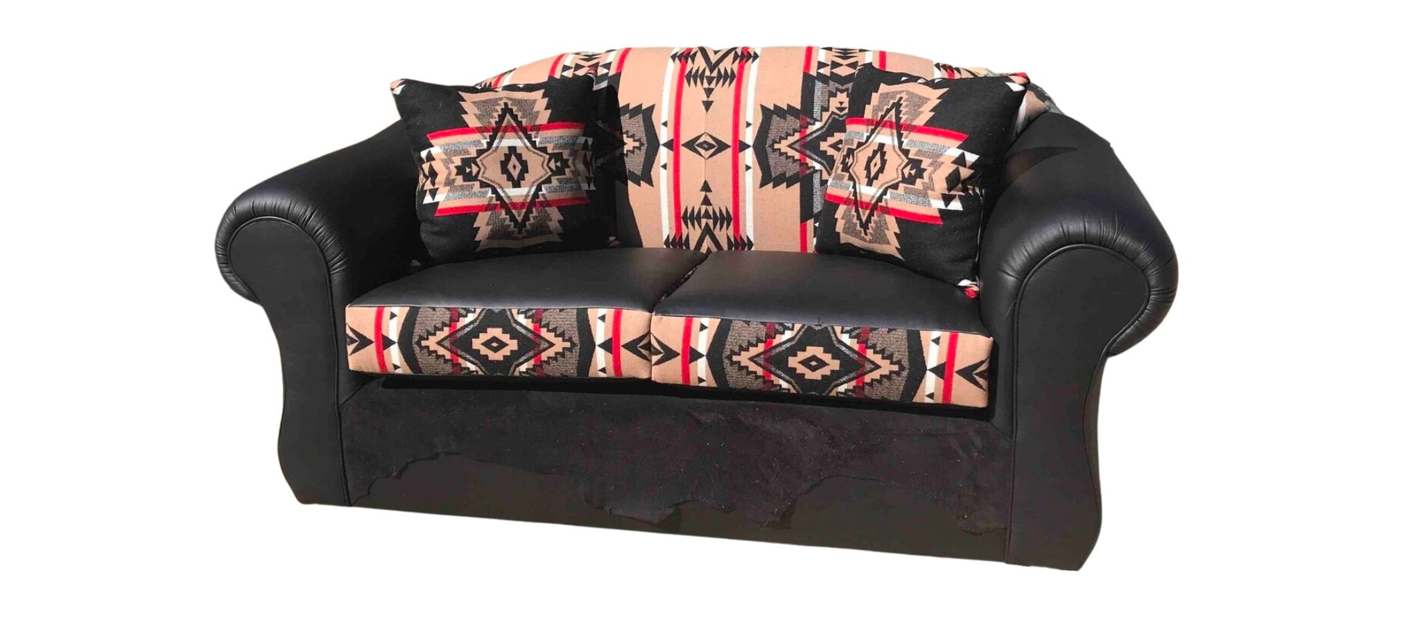 Black leather love seat with tan/red/black Pendleton