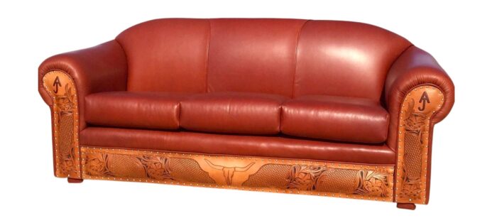 Leather sofa with tooling and ranch brand art