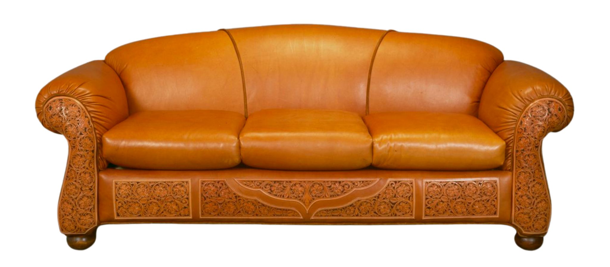 Leather sofa with tooled kick plate and arms