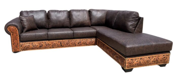 leather sectional with tooled arms and kick plate
